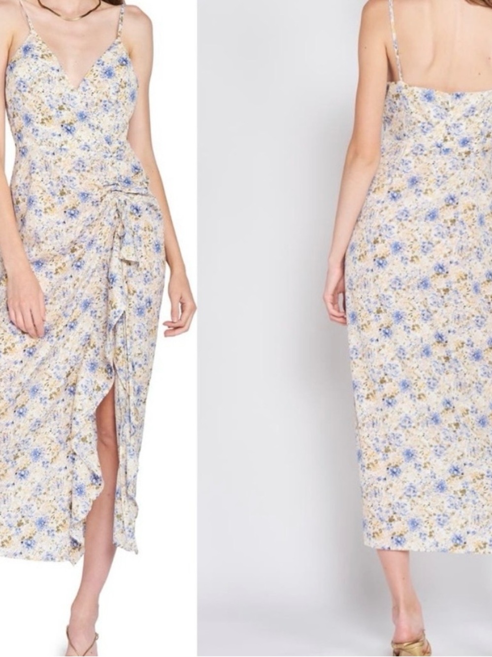En Saison Floral Wrap Midi Dress in Blue & Cream Size Medium - Picture 5 of 6
